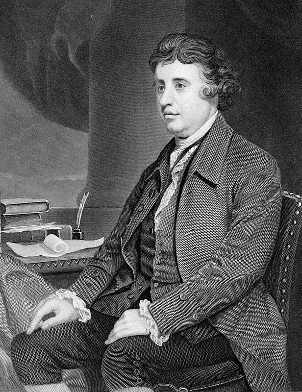A drawing of Edmund Burke shows him seated beside a desk.