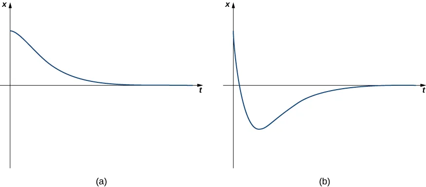 This figure has two graphs labeled (a) and (b). The first graph is in the first quadrant and is a decreasing curve with the horizontal axis as a horizontal asymptote. The second graph initially is a decreasing function but becomes increasing below the horizontal axis. Then, the horizontal axis is also a horizontal asymptote.