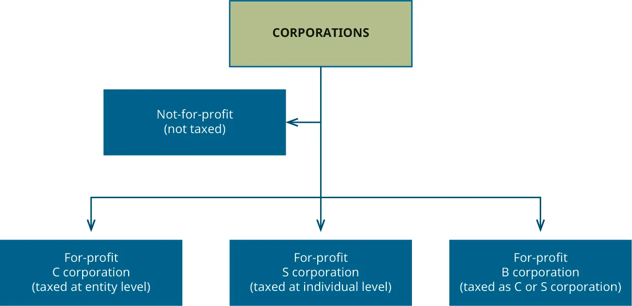 Flow chart with Corporations at the top. A arrow points down to three different boxes: For-profit C corporation (taxed at entity level), For-profit S corporation (taxed at individual level), and For-profit B corporation (taxed as C- or S-corporation). A line also connects separately to a box labeled Not-for-profit (not taxed).