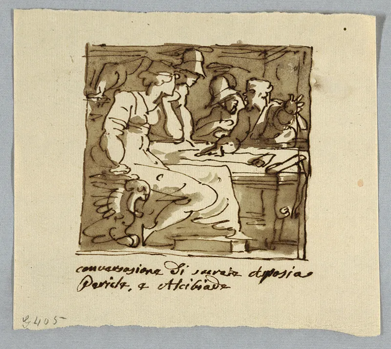 A gestural drawing in brown pen and ink wash shows four people sitting at a table. One speaks and reaches out a hand while the other three listen intently.