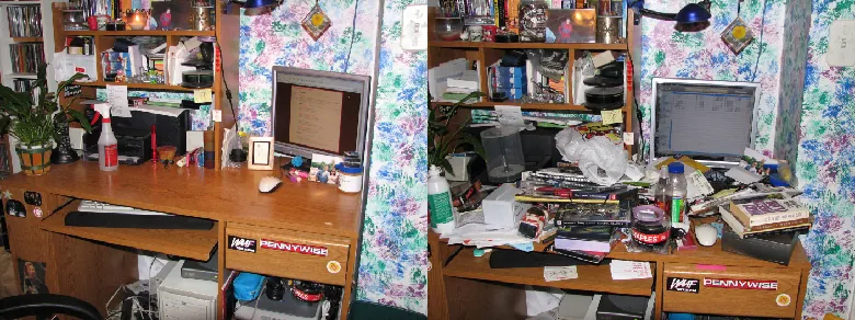 Two photographs of the same desk are shown. The photograph on the left shows a neat desk. The photograph on the right shows a messy desk with books, papers, snacks, and other supplies piled around a computer monitor.