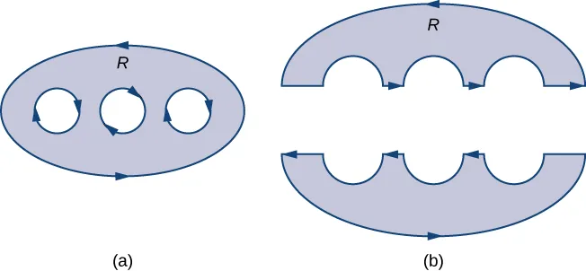 Two regions. The first region D is oval-shaped with three circular holes in it. Its oriented boundary is counterclockwise. The second region is region D split horizontally down the middle into two simply connected regions with no holes. It still has a boundary oriented counterclockwise.