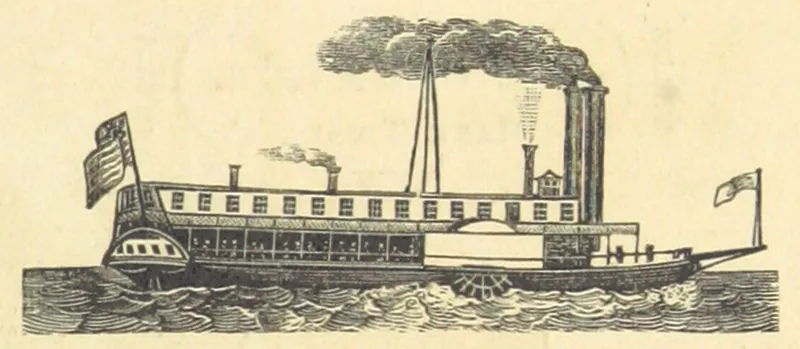 A steamboat sails in the water, an older version of a vessel appearing in the text “Life on the Mississippi.”