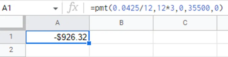 A Google Sheet spreadsheet. The first-row cell reads $926.32 and the formula is mentioned as,= p m t (0.0425/12, 12*3, 35500, 0).