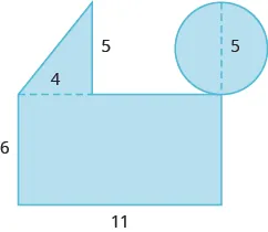 A geometric shape is shown. It is a rectangle with a triangle attached to the top on the left side and a circle attached to the top right corner. The diameter of the circle is labeled 5. The height of the triangle is labeled 5, the base is labeled 4. The height of the rectangle is labeled 6, the base 11.