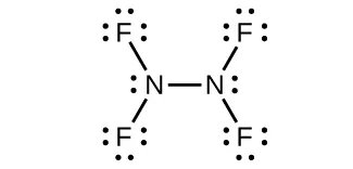 Esta estructura de Lewis muestra dos átomos de nitrógeno, cada uno con un par solitario de electrones, que tienen un enlace simple entre sí y cada uno con un enlace simple con dos átomos de flúor. Cada átomo de flúor tiene tres pares solitarios de electrones.