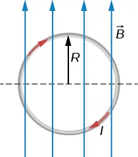 W płaszczyźnie strony znajduje się pętla o promieniu R. Prąd l płynie w pętli zgodnie z kierunkiem wskazówek zegara a jednorodne pole magnetyczne skierowane jest w górę strony. 