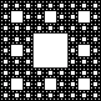 This is a black square with many smaller squares removed from it, leaving behind blank spaces in a pattern of squares. There are four iterations of the removal process. At the first, the central 1/9 square area is removed. Each side is 1/3 of that of the next larger square. Next, eight smaller squares are removed around this one. Eight smaller squares are removed from around each of those – 64 in total. Eight even smaller ones are removed from around each of those 64.