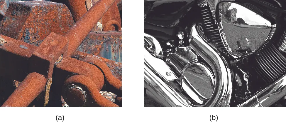 La figura A es una foto de maquinaria metálica que ahora está cubierta en su mayor parte de óxido naranja rojizo. La figura B muestra las partes cromadas de color plateado de una motocicleta. Una de las partes es tan brillante que se puede ver un reflejo de la calle y los edificios adyacentes.