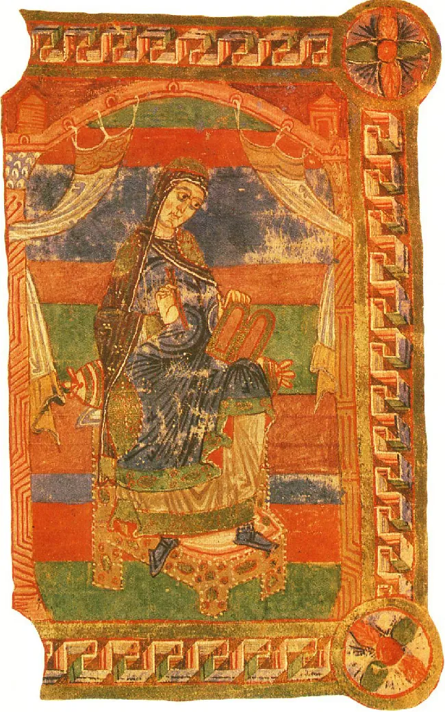 A highly decorated, faded image is shown with the top, bottom, and right edges decorated with orange, white, and dark colored 3-D “P” like images. At the top and bottom right corners sit circles with designs inside of similar colors. Inside the center a woman sits on an ornate orange chair in long blue, green, and orange robes with ornate trim. She wears a long cloth on her head with a red headband and has large eyes. She looks down at an orange and green book in her hand. Behind her walls are striped green, orange, and blue with white and orange curtains showing on the sides on hooks attached to an archway above her head.