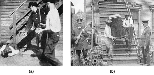 Photograph (a) shows a Black man lying on the ground as two White men, one of whom can be seen wielding a large rock, stand above him. Photograph (b) shows members of a Black family carrying possessions out of their vandalized home, guarded by police officers.