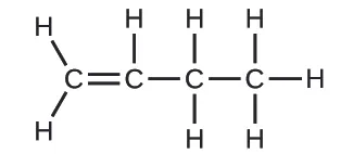 La figura A muestra un diagrama estructural de cuatro átomos de carbono enlazados en una cadena. Los dos átomos de carbono de la izquierda forman un doble enlace entre sí. Todos los átomos de carbono restantes forman enlaces simples entre sí. El carbono más a la izquierda también forma enlaces simples con dos hidrógenos. El segundo carbono de la cadena forma un enlace simple con un átomo de hidrógeno. El tercer carbono de la cadena forma un enlace simple con dos átomos de hidrógeno cada uno. El carbono más a la derecha forma un enlace simple con tres átomos de hidrógeno cada uno.