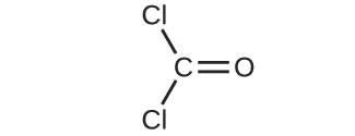 Se muestra una estructura. Un átomo de C está enlazado a dos átomos de C l y forma un doble enlace con un átomo de O.