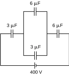 Rysunek pokazuje obwód elektryczny ze źródłem prądu o napięciu 400 woltów. Do źródła prądu podłączony jest układ trzech elementów połączonych szeregowo. Pierwszym elementem, licząc od dodatniego bieguna źródła prądu, jest kondensator o pojemności 3 mikrofaradów. Drugim elementem jest układ dwóch połączonych równolegle kondensatorów o pojemnościach 6 mikrofaradów i 3 mikrofaradów. Trzecim elementem jest kondensator o pojemności 6 mikrofaradów.