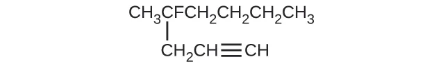 This structure shows a horizontal chain composed of C H subscript 3 C F C H subscript 2 C H subscript 2 C H subscript 2 C H subscript 3 with a C H subscript 2 C H triple bond C H group attached beneath the second C atom counting left to right.