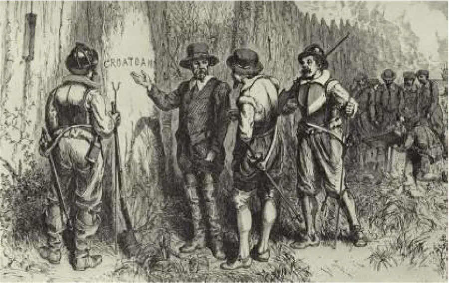 A black and white drawing shows men standing in front of a tree on a grassy field. A tall, wooden fence runs behind the tree and the men. Four men stand in the forefront – one with his back showing. They wear helmets, hats, coats, pants, and have moustaches and beards. They hold sticks, and one man points to the word “Croatoan” carved in a tree. Six men in the far background stand looking down at a map and one man kneels in front of them. They are dressed in hats, coats, and pants.