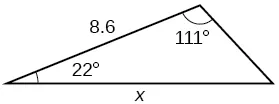 A triangle. One angle is 111 degrees with opposite side = x. Another angle is 22 degrees. The side adjacent to the 111 and 22 degree angles = 8.6.