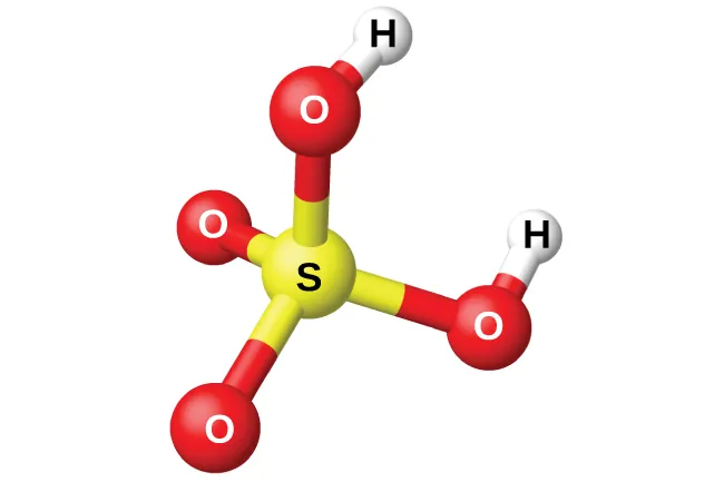 A space filling model shows a yellow atom labeled, “S,” bonded on four sides to red atoms labeled, “O.” Two of the red atoms are bonded to white atoms labeled, “H.”