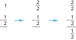 On the left, it says 1 minus 1 half. There is an arrow pointing to 2 over 2 minus 1 over 2. There is another arrow pointing to 2 over 2 minus 1 over 2 equals 1 over 2.
