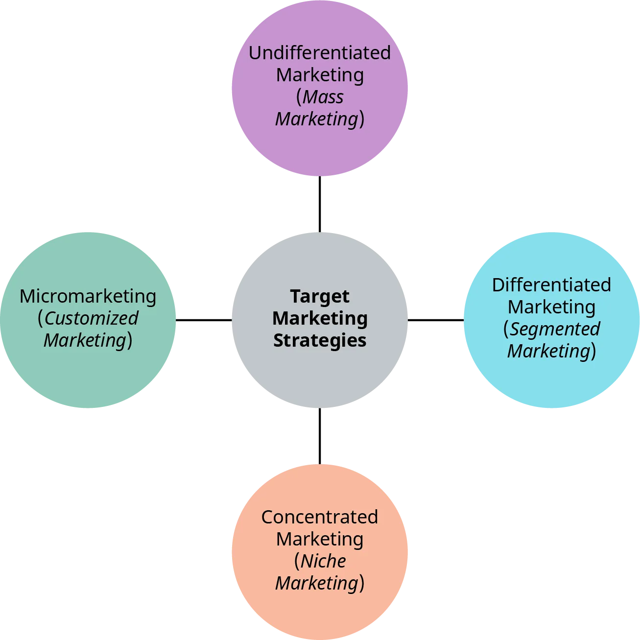 The different target marketing strategies are undifferentiated marketing (or mass marketing), differentiated marketing (or segmented marketing), concentrated marketing (or niche marketing), and micromarketing (or customized marketing.