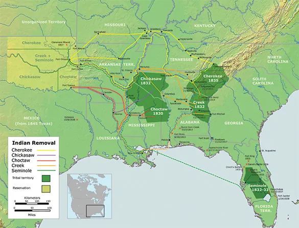 A map shows the routes taken by the Cherokee, Creek, Choctaw, Chickasaw, and Seminole from the Southeast to an area in the western territory during their forced removal from their homelands.
