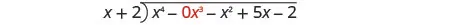 The long division of x to the fourth power plus 0 x cubed minus x squared minus 5 x minus 2 by x plus 2.