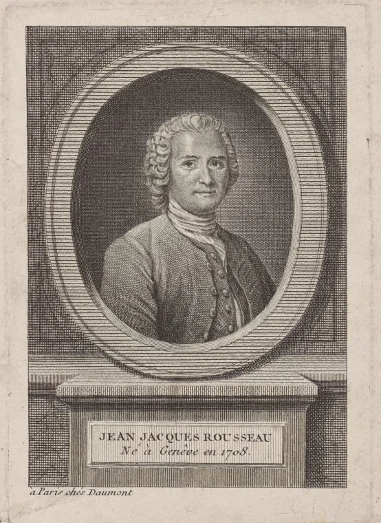 A printed engraving shows a portrait of a person wearing a  powdered wig and a coat and vest with many buttons. The portrait appears in an oval frame atop a pedestal that reads Jean Jacques Rousseau, Né à Gêneve en 1708.