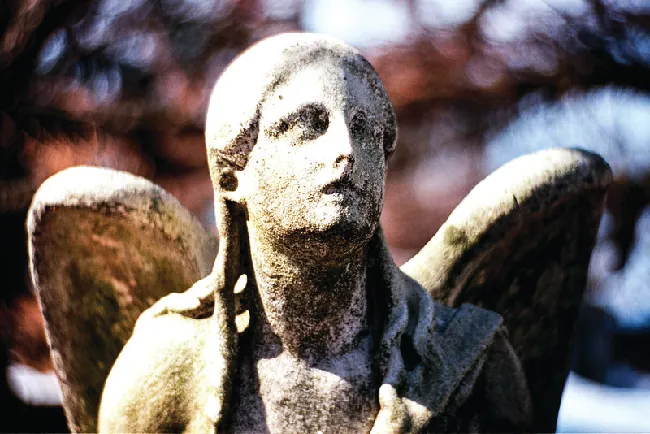 A photograph is shown of an angel statue. While some details of the statue, including facial features, are present, effects of weathering appear to be diminishing these features.