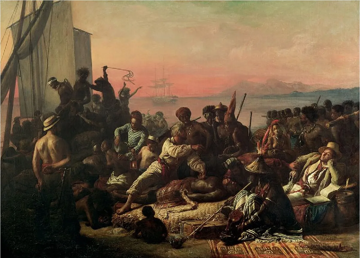 At the center of this painting two men in loose shirts and pants kneel next to a black man who lies on his back with no shirt and covered with a blanket from the waist down. Four men in African cultural head dressings and arm bands stand behind, holding spears and looking concerned at the man lying down. In the left center a man brands a female who is wearing a cloth over her lower body. Above them on the left, people are whipped and loaded onto ships. A white man in pants and a hat stands in the forefront. In the lower right, a man in long colorful robes and a pointy hat with a feather at the top sits smoking a long pipe. Behind him, a white man in a suit, tie and hat reclines on a chair with a book in front of him. Behind him a naked woman with a red scarf on her head watches the scene in the middle. Behind her a black man with a necklace around his neck looks away. Other men and women are in the background as well as water, ships, and mountains.