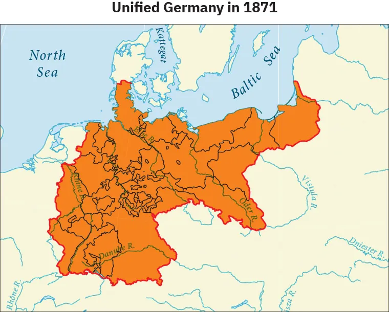 This map, titled “Unified Germany in 1871,” shows where Germany is located on a map of north central Europe.