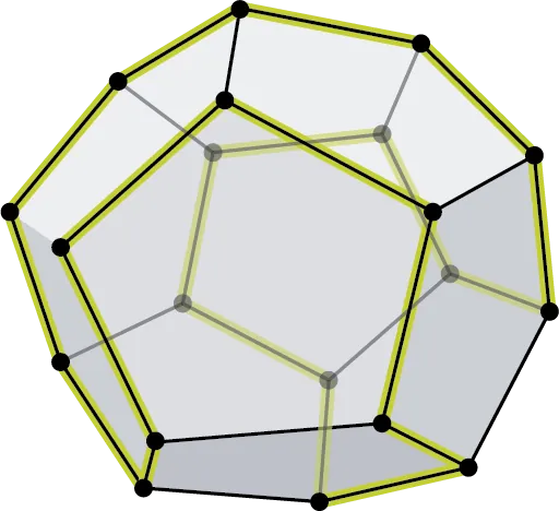 Two figures. The first figure is a 2 D view of a dodecahedron. The edges are highlighted. The second figure is a 3 D view of a dodecahedron. The edges in the front face are highlighted.