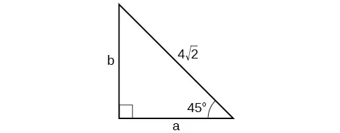 A right triangle with corners labeled A, B, and C. Hyptenuse has length of 4 times square root of 2. Other angles measure 45 degrees.