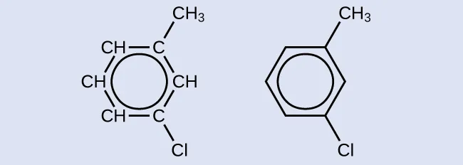 Se muestran dos fórmulas estructurales. El primero tiene un anillo de hidrocarburos de seis carbonos en el que cuatro de los átomos de carbono están enlazados a un solo átomo de H. En la parte superior derecha del anillo, el carbono que no tiene un átomo de H enlazado tiene un grupo C H subíndice 3 unido. El C de la parte inferior derecha tiene un átomo de C l unido. Un círculo está en el centro del anillo. La segunda molécula tiene un hexágono con un círculo en su interior. Desde un vértice del hexágono en la parte superior derecha se une un grupo C H subíndice 3. Desde el vértice de la parte inferior derecha se une un átomo de C l.