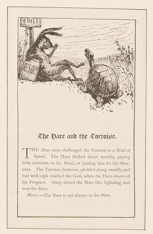 An illustration shows a hare talking to a tortoise. The fable The Hare and the Tortoise is written below the illustration.