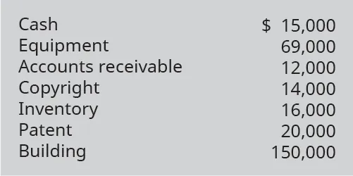 Cash $15,000, Equipment $69,000, Accounts receivable $12,000, Copyright $14,000, Inventory $16,000, Patent $20,000, Building $150,000.