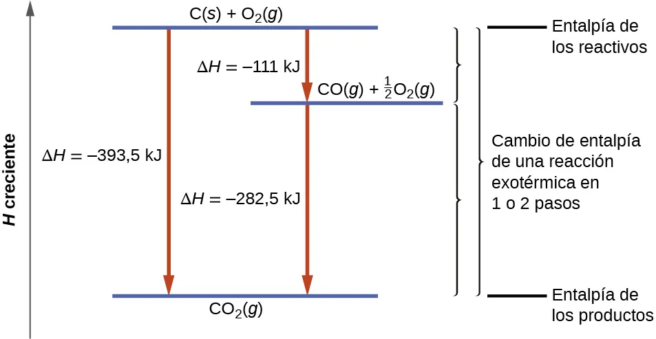 Se muestra un diagrama. Una larga flecha apunta hacia arriba a la izquierda con la frase "H creciente". En la parte inferior del diagrama aparece una línea horizontal con la fórmula "C O subíndice 2 (g)" debajo. Una línea horizontal en la parte superior del diagrama tiene las fórmulas "C (s) + O subíndice 2 (g)" encima. Las líneas superior e inferior están conectadas por una flecha hacia abajo con el valor "Δ H = -394 k J" escrito al lado. Debajo y a la derecha de la línea horizontal superior hay una segunda línea horizontal con las ecuaciones "C O (g) + medio O subíndice 2 (g)" encima. Esta línea y la línea inferior están conectadas por una flecha hacia abajo con el valor "Δ H = -283 k J" escrito al lado. La misma línea y la línea superior están conectadas por una flecha hacia abajo con el valor "Δ H = -111 k J" escrito al lado. Hay tres paréntesis a la derecha del diagrama. El primer paréntesis va desde la línea horizontal superior hasta la segunda línea horizontal. Está etiquetado como "Entalpía de los reactivos". El segundo soporte va desde la segunda línea horizontal hasta la línea horizontal inferior. Lleva la etiqueta "Entalpía de los productos". Ambos grupos de paréntesis están incluidos en el tercer paréntesis que va desde la parte superior a la inferior del diagrama. Está etiquetado como "Cambio de entalpía de una reacción exotérmica en 1 o 2 pasos".