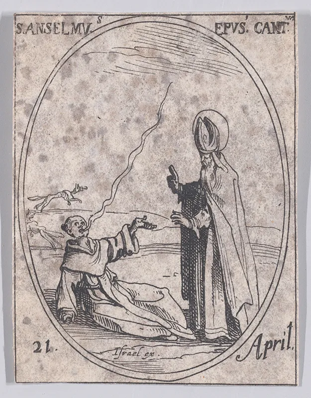 A printed etching, spotted with age, shows a robed and bearded figure wearing a mitre. The figure’s head is encircled by a halo. The figure holds up two fingers of one hand to a second figure, who is propped on their side on the ground. A stream of air rises from the second figure's mouth.