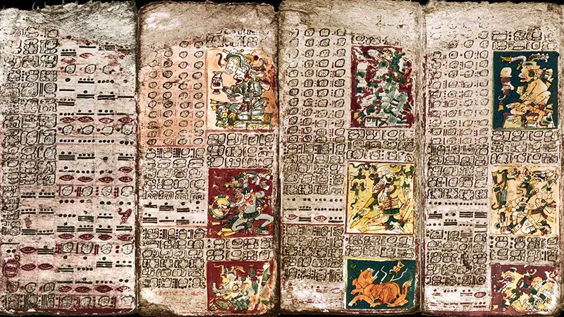 Four panels of hieroglyphs and images drawn using inks of various colors. The text and illustrations on each panel are divided into two roughly equal sections. The illustrations feature both human and animals figures.