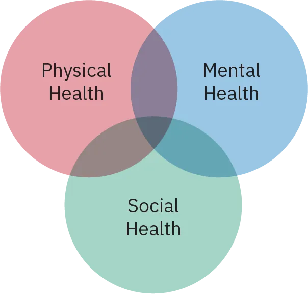 Three overlapping circles, labelled Physical Health, Mental Health, and Social Health.