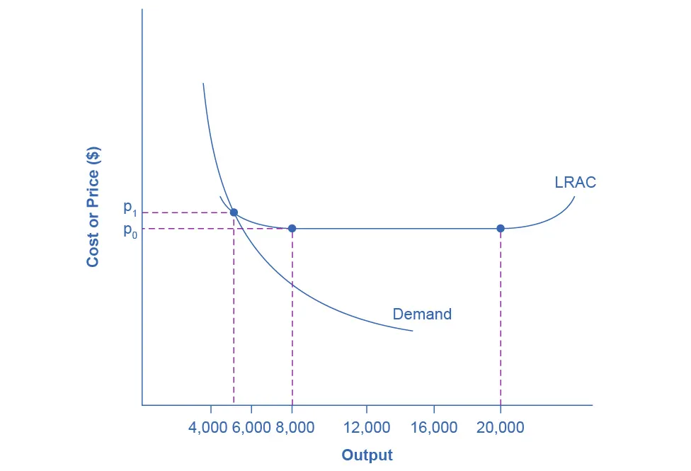 This graph illustrates a demand curve intersecting a u-shaped long-run average cost curve. The y-axis measures price and cost, and x-axis measures output. The demand curve intersects the cost curve on its downward-sloping part, before the bottom of the curve, where cost is minimized. Because of this intersection point, this graph shows a natural monopoly.