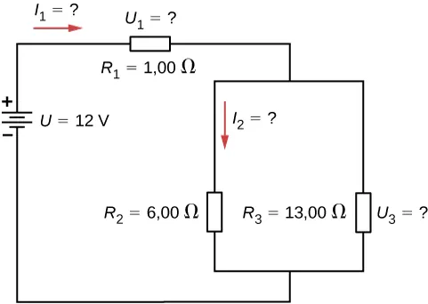 Rysunek przedstawia obwód z trzema opornikami i źródłem napięcia. Terminal dodatni źródła o napięciu 12 V jest połączony z R ze znakiem 1 i oporem 1 Ω z lewym natężeniem l ze znakiem 1 połączonym równolegle z dwoma opornikami R ze znakiem 2 i oporem 6 Ω z dolnym l ze znakiem 2 i opornikiem R ze znakiem 3 wskazującym 13 Ω. 
