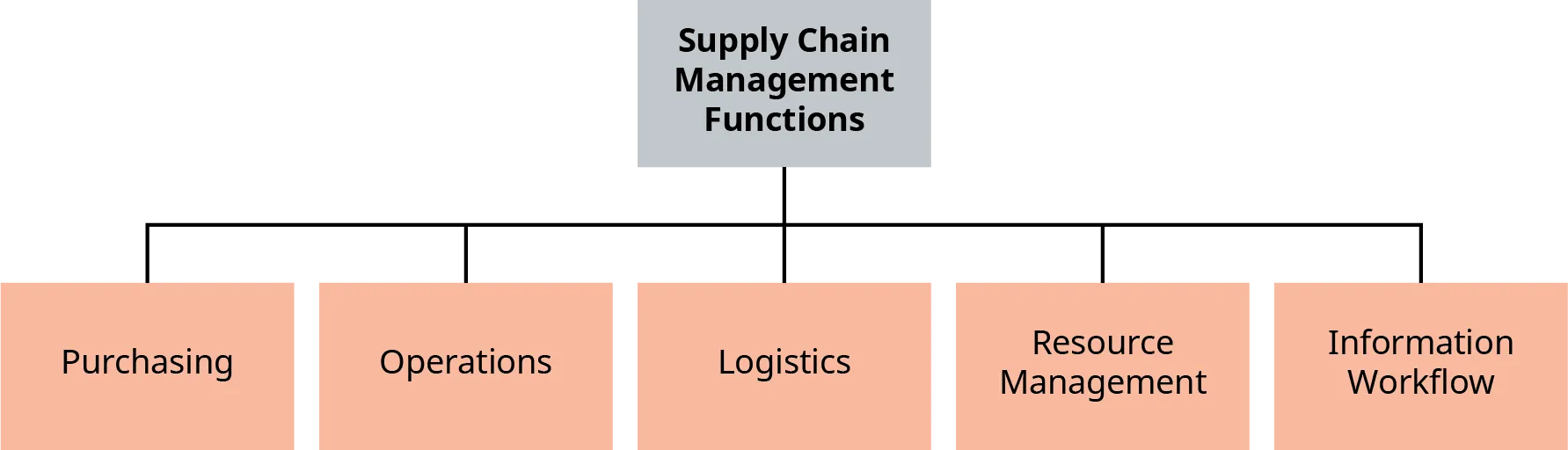 The five main functions of supply chain management are purchasing, operations, logistics, resource management, and information workflow.