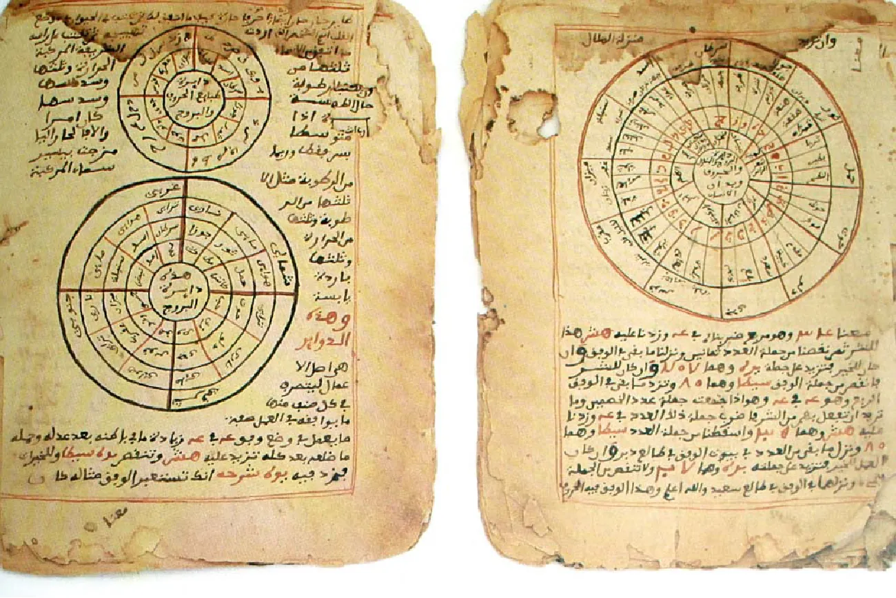 A photograph of two pages from a manuscript is shown. Both pages are brown, look worn, with water marks along the top and bottom. Both have pointed and round edges with a few tears showing. The left page has two circles with a web design in the middle, with writing inside the design. There is writing surrounding the circles. The page on the right has one large circular drawing with a web design and writing inside, with writing below the circle.