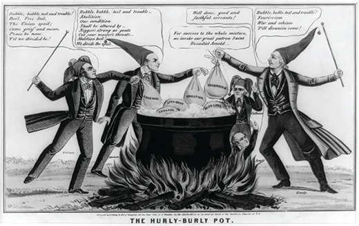 A cartoon titled “The Hurly-Burly Pot” depicts William Lloyd Garrison, David Wilmot, Horace Greeley, and John C. Calhoun standing over a large cauldron in fool’s caps. Into the cauldron, they place sacks labeled “Free Soil,” “Abolition,” and “Fourierism.” The cauldron already contains sacks labeled “Treason,” “Anti-Rent,” and “Blue Laws.” Wilmot says “Bubble, bubble, toil and trouble! / Boil, Free Soil, / The Union spoil; / Come grief and moan, / Peace be none. / Til we divided be!” Garrison says “Bubble, bubble, toil and trouble / Abolition / Our condition / Shall be altered by / Niggars strong as goats / Cut your master’s throats / Abolition boil! / We divide the spoil.” Greeley says “Bubble, buble [sic], toil and trouble! / Fourierism / War and schism / Till disunion come!” In the background, John Calhoun says, “For success to the whole mixture, we invoke our great patron Saint Benedict Arnold.” Benedict Arnold rises from the flames beneath the pot, saying “Well done, good and faithful servants!”