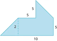 A geometric shape is shown. It is composed of two trapezoids. The base is labeled 10. The height of one trapezoid is 2. The horizontal and vertical sides are all labeled 5.