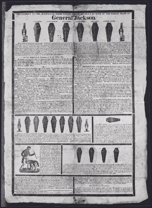 An image of a handbill from the 1828 presidential election. The top reads “General Jackson” underneath which are several coffins.