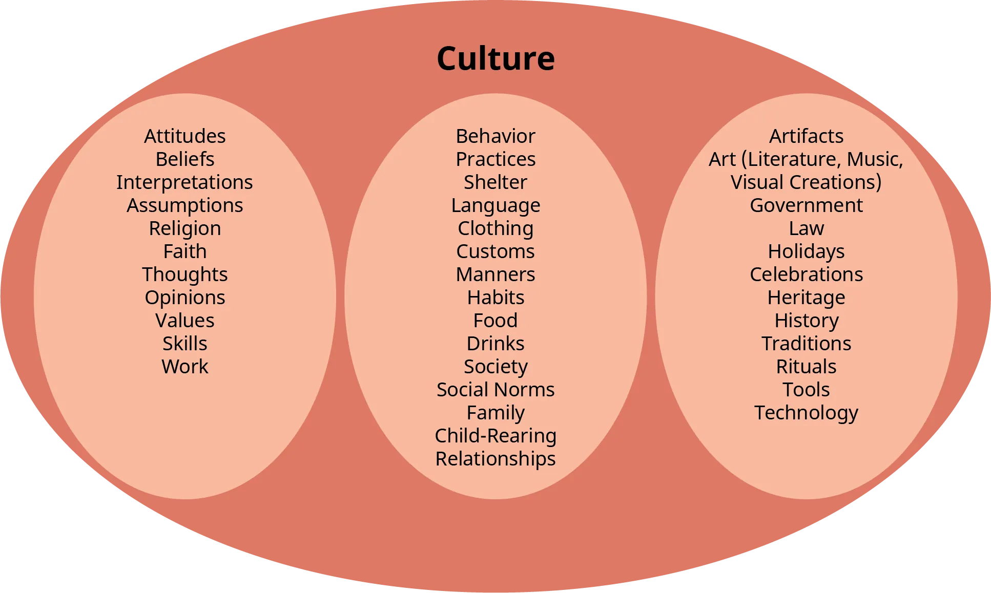 Culture includes: attitudes, beliefs, interpretations, assumptions, religion, faith, thoughts, opinions, values, skills, work, behavior, practices, shelter, language, clothing, customs, manners, habits, food, drinks, society, social norms, family, child-rearing, relationships, artifacts, art (including literature, music, and visual creations), government, law, holidays, celebrations, heritage, history, traditions, rituals, tools, and technology.
