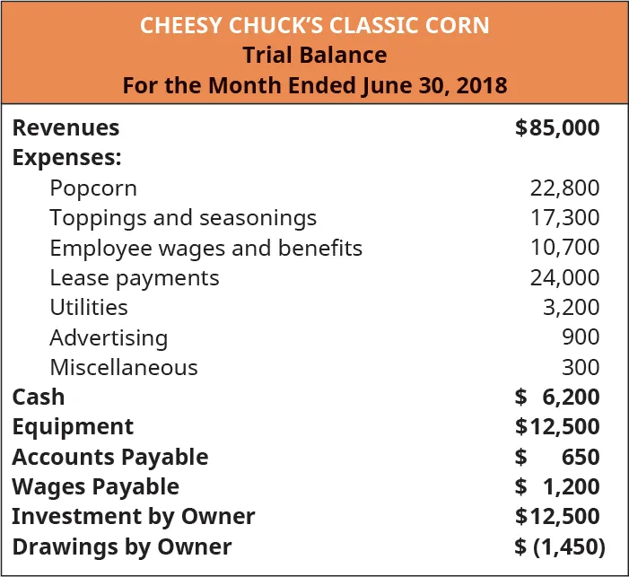 Cheesy Chuck’s Classic Corn, Trial Balance, For the Month Ended June 30, 2018. Revenues $85,000; Expenses: Popcorn 22,800, toppings and seasonings 17,300, Employee wages and benefits 10,700, Lease payments 24,000, Utilities 3,200, Advertising 900, Miscellaneous 300; Cash 6,200; Equipment 12,500; Accounts Payable 650; Wages Payable 1,200; Investment by Owner 12,500; Drawings by owner minus 1,450.