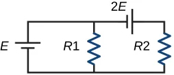 A circuit a battery marked E on the left, a resistor marked R1 in the middle, and a resistor marked R2 on the right. There is nothing on the bottom, and on the top, there is a battery marked 2E between the two resistors.