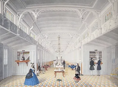 An illustration depicts a large, luxurious room on the interior of a steamship. The ceilings are adorned with ornate molding and a chandelier, and the floor is covered with colorful carpet. Several well-dressed men, as well as a woman and a child, stroll about. Two men procure drinks from a bartender, and a formal dining table staffed by servants is visible in the distance.
